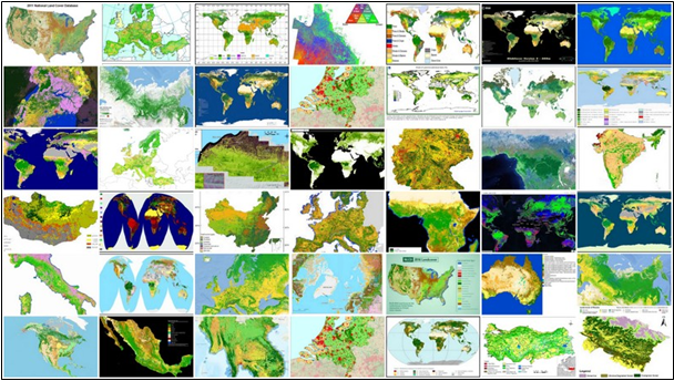 Thumbnails of some land cover maps at country, continental, and global scale
